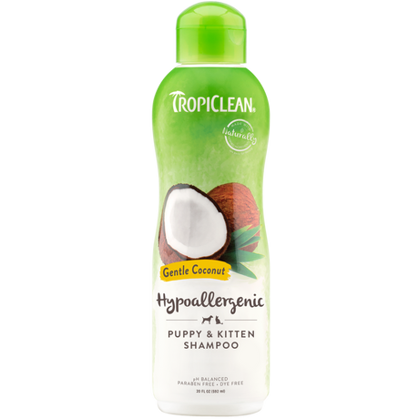 TropiClean Gentle Coconut Hypoallergenic Puppy and Kitten Shampoo, image of front of bottle