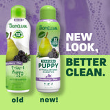 Tropiclean puppy shampoo bottles with 'old' and 'new' labels on a green and purple background