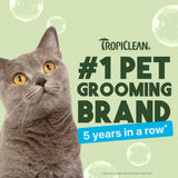 Gray cat with Tropiclean branding on a light green background
