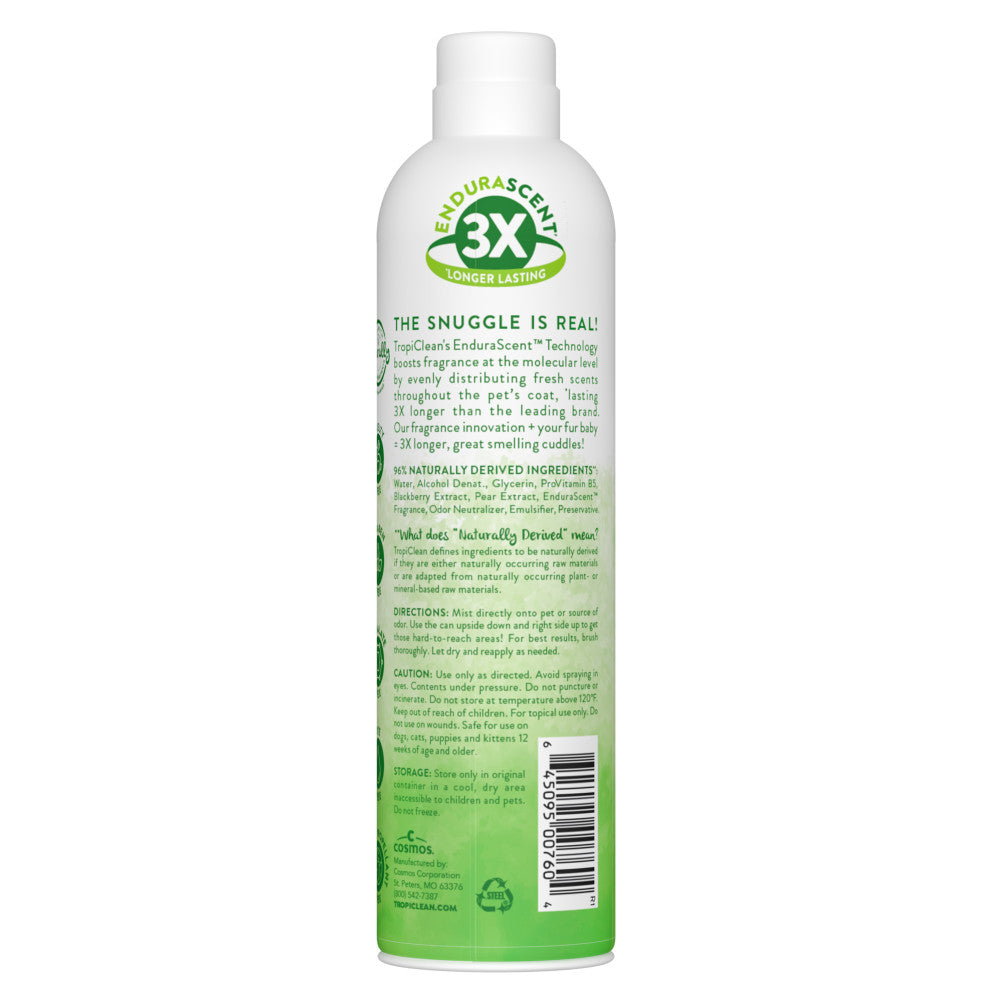 TropiClean EnduraScent Blackberry Pear Pet Deodorizing Mist Spray, image of back of bottle