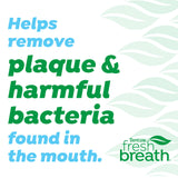 Advertisement for Tropiclean Fresh Breath dental product with text about plaque and bacteria removal.