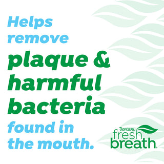 Advertisement for Tropiclean Fresh Breath dental product with text about plaque and bacteria removal.