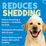 Dog with soap bubbles with text about reducing shedding.