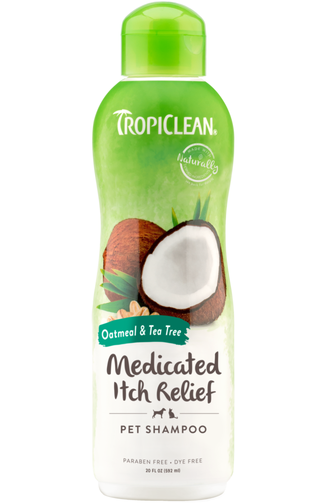 TropiClean Oatmeal & Tea Tree Medicated Itch Relief Shampoo for Pets, front of bottle