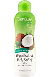 TropiClean Oatmeal & Tea Tree Medicated Itch Relief Shampoo for Pets, front of bottle