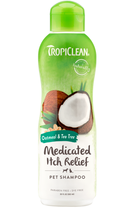 TropiClean Oatmeal & Tea Tree Medicated Itch Relief Shampoo for Pets, front of bottle