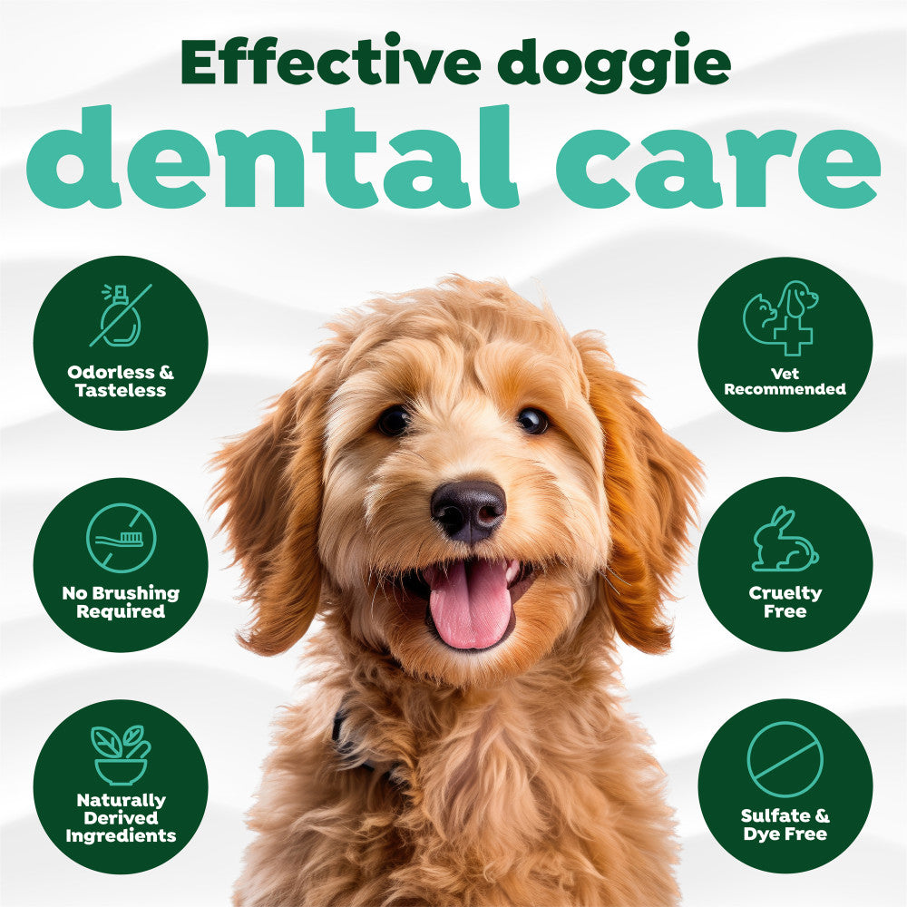 TropiClean Fresh Breath Oral Care Water Additive for Puppies, front view of 8oz bottle. Dog with 'Effective doggie dental care' text and icons.