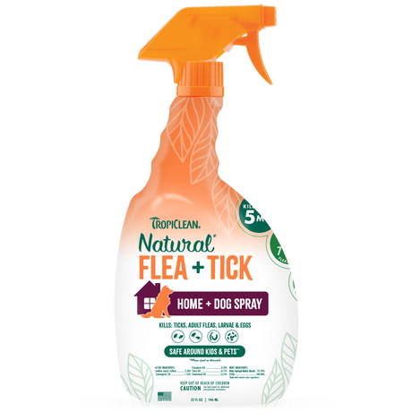 TropiClean Flea and Tick Pet & Bedding Spray for Dogs, front of 32oz spray bottle.