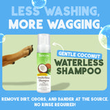 TropiClean Hypoallergenic Waterless Shampoo for Dogs and Cats bottle with promotional text on a blue background