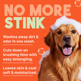 Dog with TropiClean Papaya & Coconut 2-In-1 Shampoo and Conditioner for Pets suds on head with features