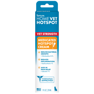 HomeVet Medicated Hot Spot Cream for Dogs by TropiClean, image of box front.