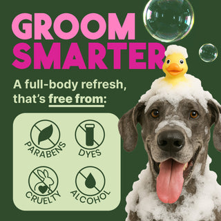Dog with soap suds on a green background with 'Groom Smarter' text and product benefits.