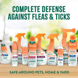 Collection of Tropiclean flea and tick treatment products on a wooden surface.