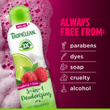 TropiClean EnduraScent Raspberry Lime Deodorizing Shampoo bottle with ingredients list on a pink background