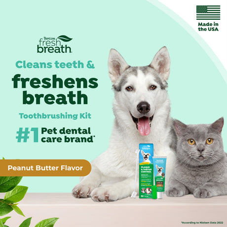 Dog and cat with TropiClean Fresh Breath Peanut Butter Oral Care Kit for Dogs & Cats
