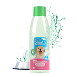 TropiClean Fresh Breath Oral Care Water Additive for Puppies, front view of 8oz bottle with dog bowl of water