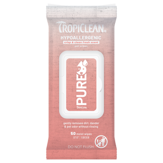 TropiClean PURE Hypoallergenic Plant-Based Wipes for Dogs & Cats, front of 50ct package