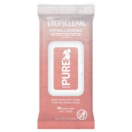 TropiClean PURE Hypoallergenic Plant-Based Wipes for Dogs & Cats, front of 50ct package