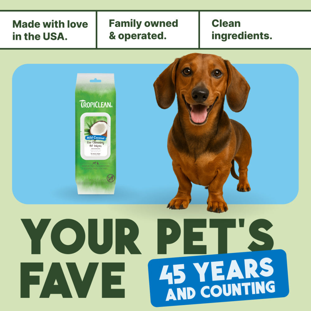 Tropical pet product with a dachshund and text about family ownership and product longevity.