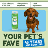 Tropical pet product with a dachshund and text about family ownership and product longevity.