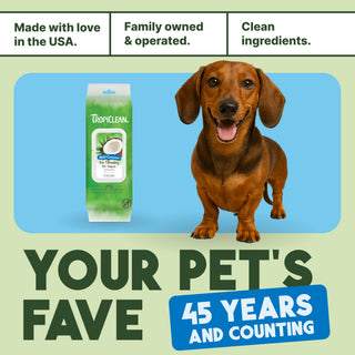 Tropical pet product with a dachshund and text about family ownership and product longevity.
