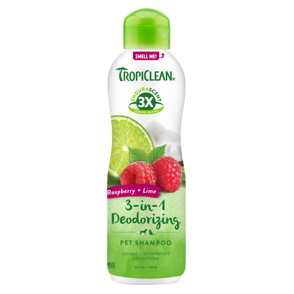 TropiClean EnduraScent Raspberry Lime Deodorizing Shampoo, image of front of bottle