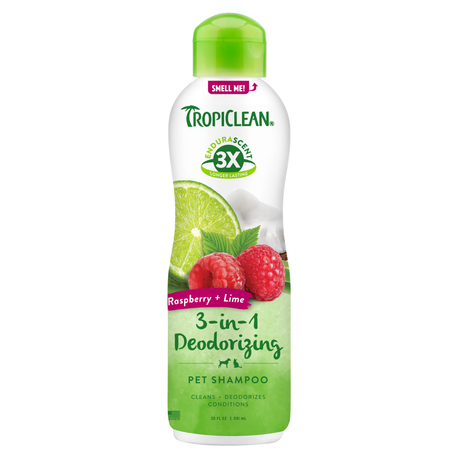 TropiClean EnduraScent Raspberry Lime Deodorizing Shampoo, image of front of bottle