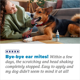 TropiClean HomeVet Ear Mite Treatment for Pets. Woman lying on the floor with a dog and a bottle of ear mite treatment, with a product description overlay.