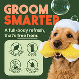 Dog with a sponge and 'Groom Smarter' text on a green background