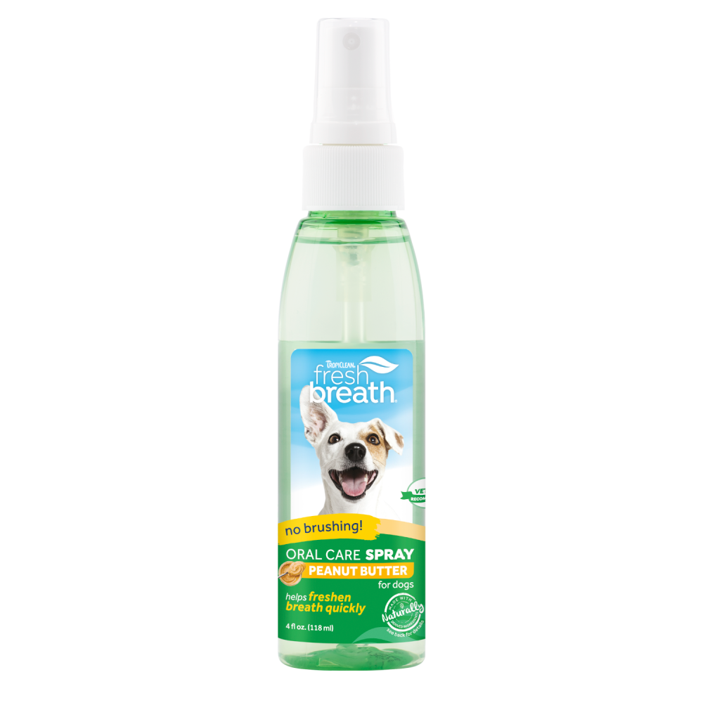 TropiClean Fresh Breath Peanut Butter Oral Care Spray for Pets, image of front of bottle