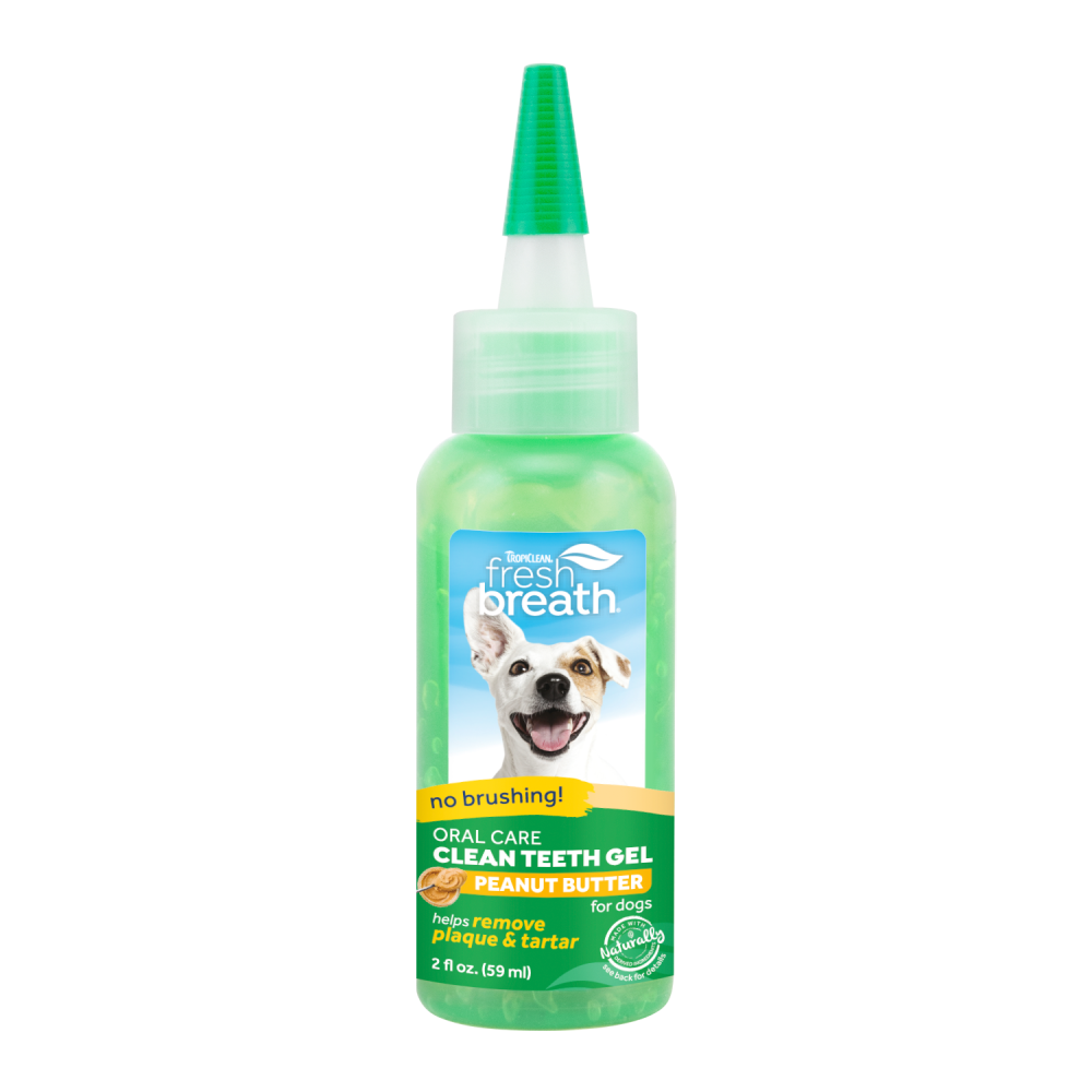 TropiClean Fresh Breath Peanut Butter Dental & Oral Care Gel for Dogs, image of front of 2oz bottle