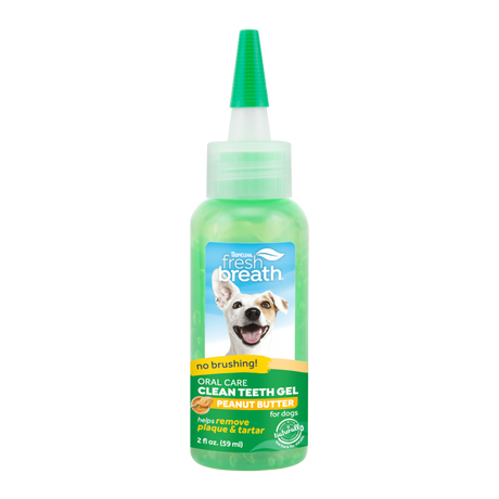 TropiClean Fresh Breath Peanut Butter Dental & Oral Care Gel for Dogs, image of front of 2oz bottle
