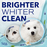 SPA by TropiClean Tear Stain Remover for Pets, before and after comparison on a white dog.