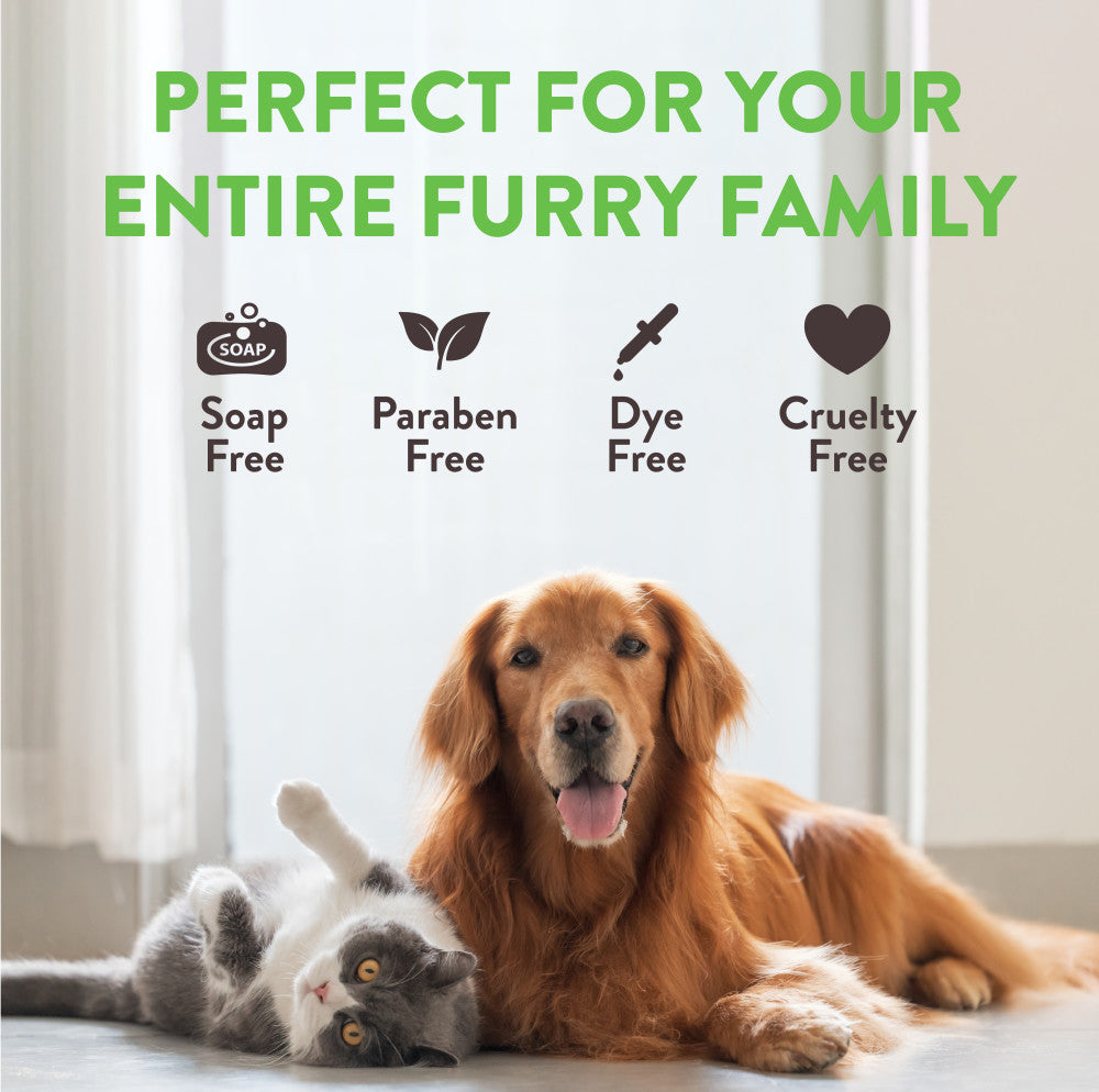 Dog and cat lying together with text 'Perfect for your entire furry family' and icons indicating soap-free, paraben-free, dye-free, and cruelty-free products.
