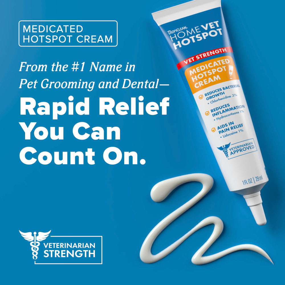 HomeVet Medicated Hot Spot Cream for Dogs by TropiClean, tube with text on a blue background.