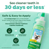 TropiClean Fresh Breath Dental & Oral Care Brushing Gel for Pets oral care product with application instructions