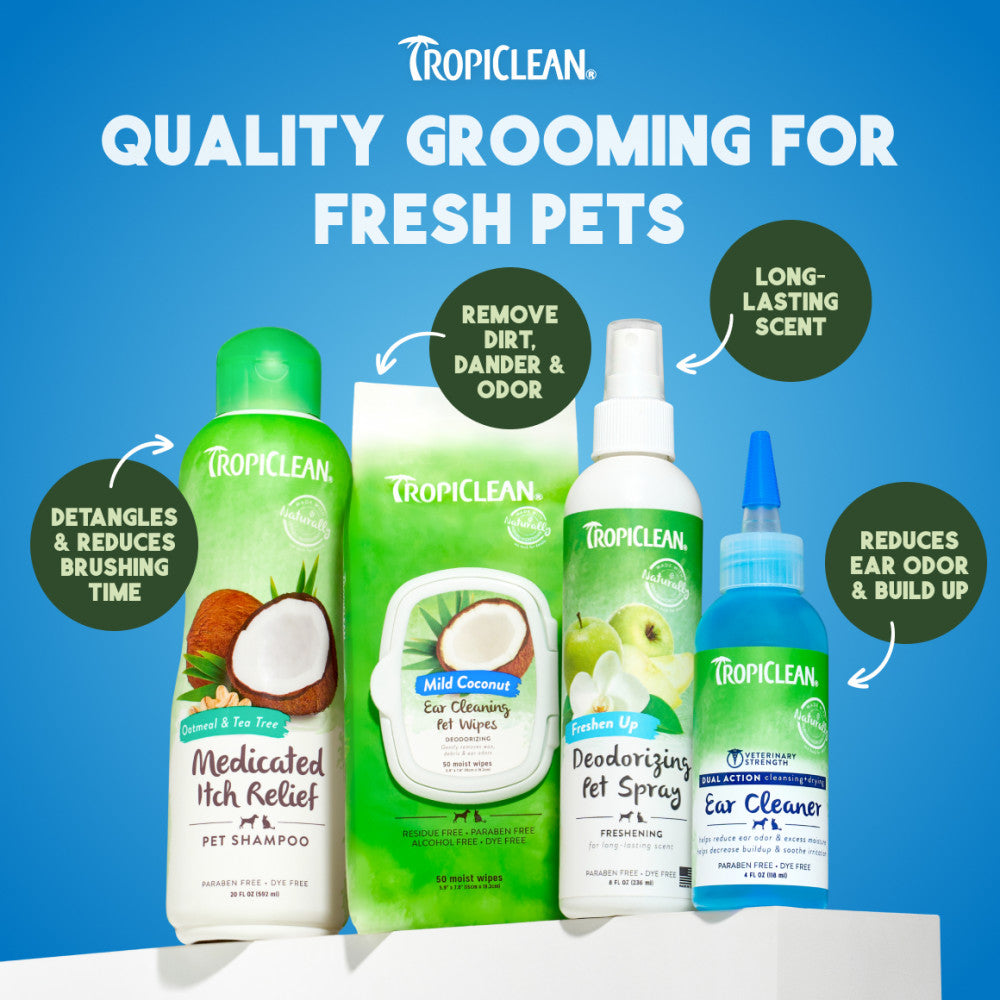 TropiClean pet care products on a blue background with product features highlighted.