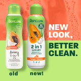 Two bottles of TropicClean pet shampoo and conditioner with a colorful background and text indicating a new look.