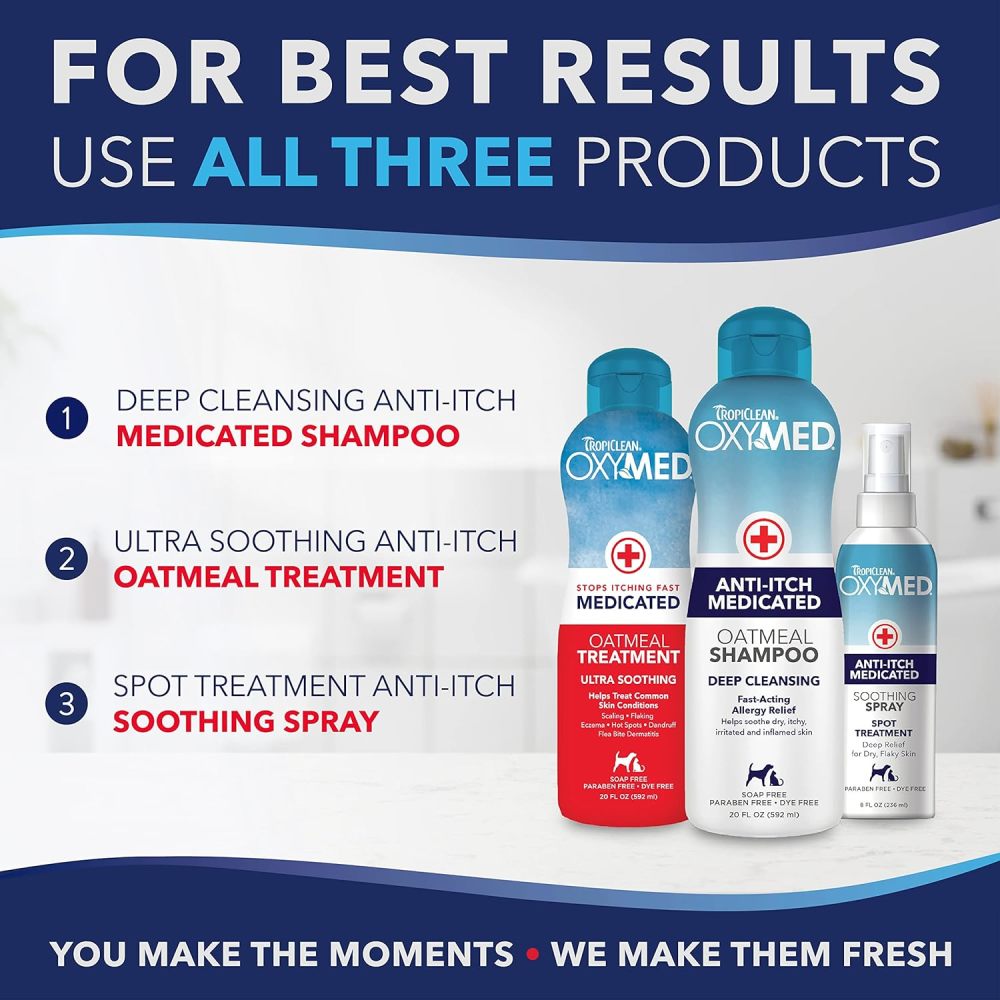 OxyMed anti-itch products with text on a blue and white background