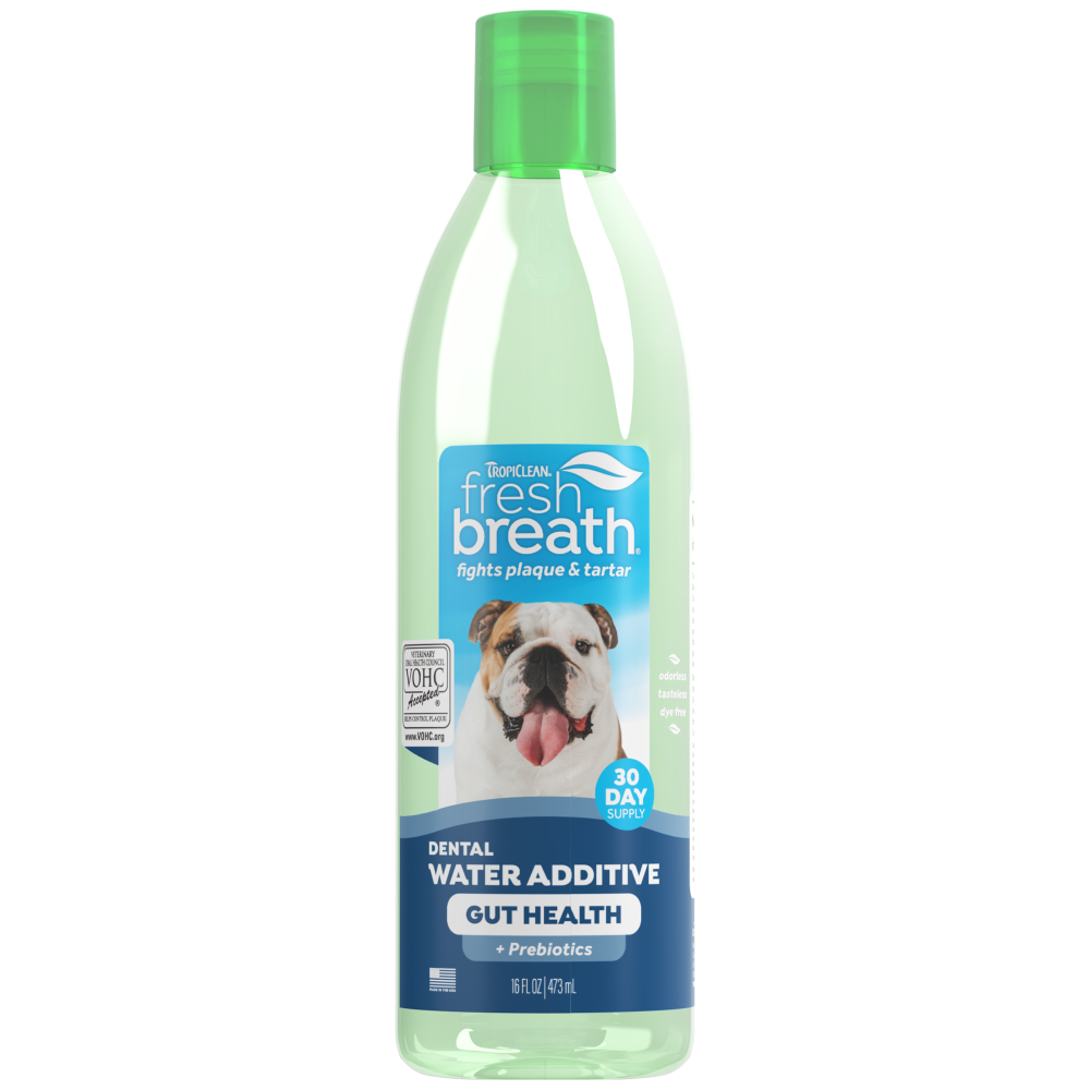TropiClean Fresh Breath Dental Water Additive Plus Gut Health for Dogs, front image of bottle