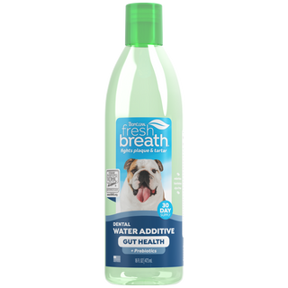 TropiClean Fresh Breath Dental Water Additive Plus Gut Health for Dogs, front image of bottle
