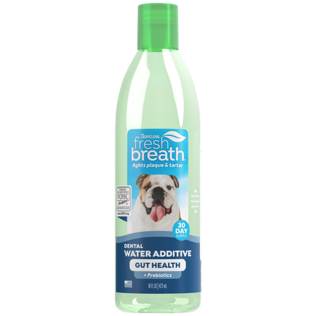 TropiClean Fresh Breath Dental Water Additive Plus Gut Health for Dogs, front image of bottle
