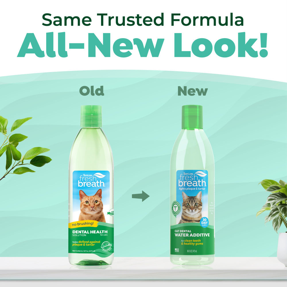Comparison of old and new bottles of Fresh Breath by TropiClean Oral Care Water Additive for Cats water additive with a green background.