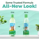 Comparison of old and new bottles of Fresh Breath by TropiClean Oral Care Water Additive for Cats water additive with a green background.