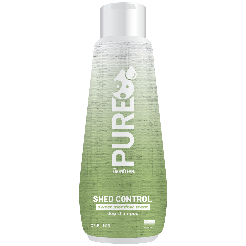 TropiClean PURE Sweet Meadow Shed Control Plant-Based Dog Shampoo, front of 22oz bottle