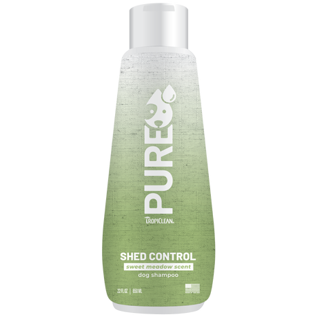 TropiClean PURE Sweet Meadow Shed Control Plant-Based Dog Shampoo, front of 22oz bottle