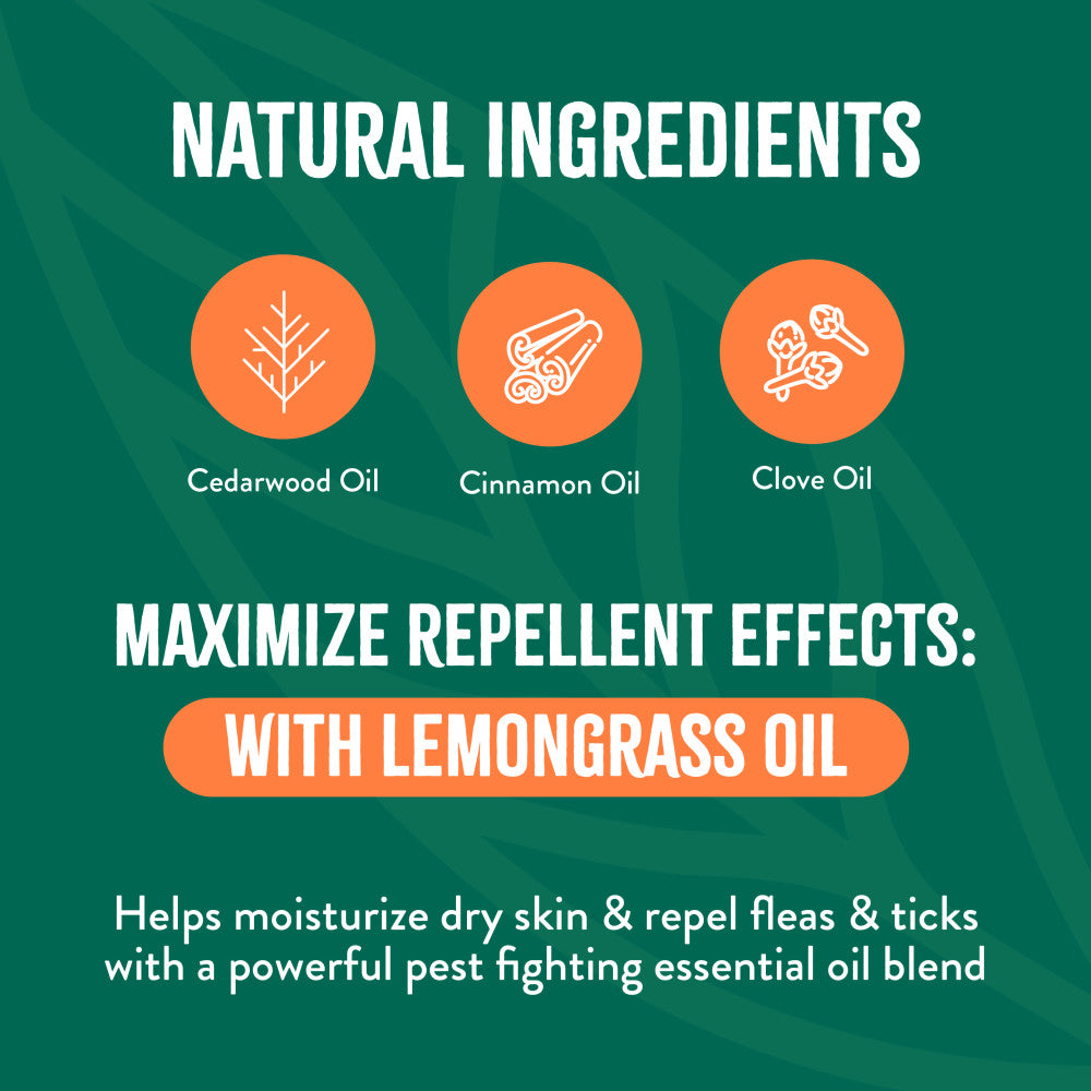TropiClean Flea and Tick Pet & Bedding Spray for Dogs. Graphic highlighting natural ingredients for a repellent product with text and icons on a green background.