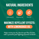 TropiClean Flea and Tick Pet & Bedding Spray for Dogs. Graphic highlighting natural ingredients for a repellent product with text and icons on a green background.