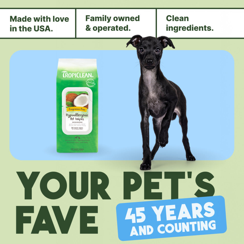TropiClean Hypoallergenic Cleaning Pet Wipes, product with a black dog on a green background, featuring text about family ownership and product features.