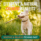 TropiClean Natural Flea + Tick Bite Relief Spray for Pets. Dog running with a stick in grass, text about calming benefits